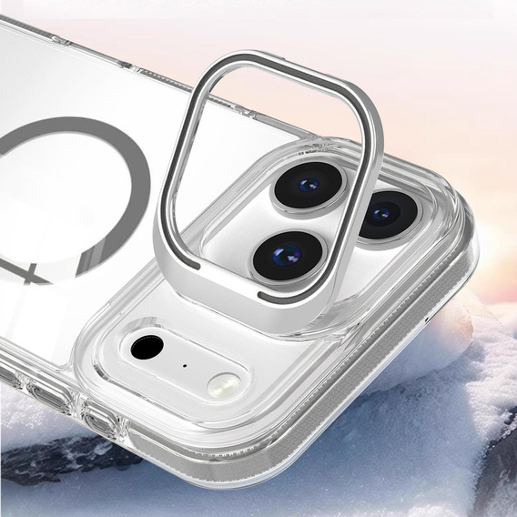 Pouzdro pro iPhone 17 Pro Max, pro MagSafe, se stojánkem, průhledné s šedými vložkami