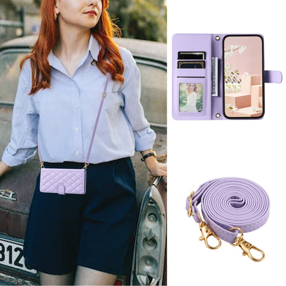 Pouzdro s klopou pro iPhone 16 Plus, Rhombus Crossbody Leather, fialové