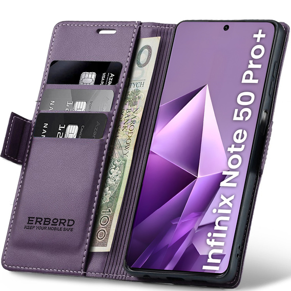 Pouzdro pro Infinix Note 50 Pro+, ERBORD Glossy Litchi, flipová peněženka, fialové