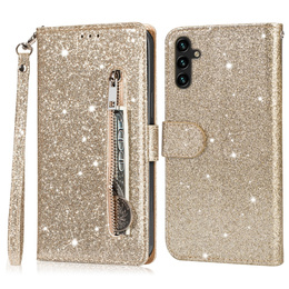 Klopové pouzdro pro Samsung Galaxy A56 5G, Wallet Zipper Pocket Glittery, zlaté