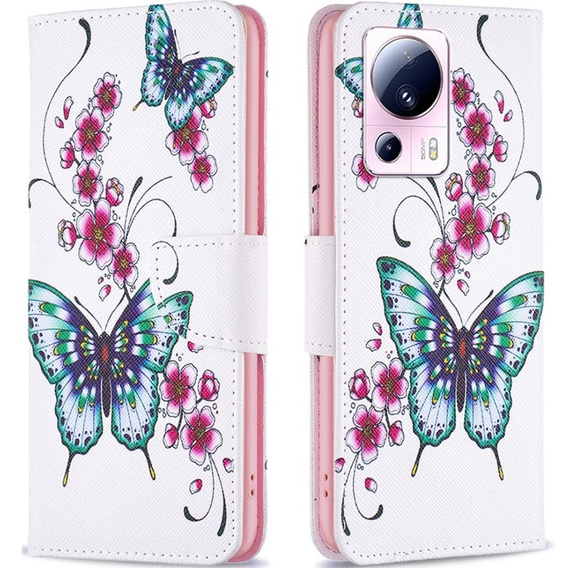 Klopové pouzdro pro Xiaomi 13 Lite, Wallet, butterfly & flowers, bílé