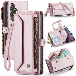 Pouzdro CASEME pro Samsung Galaxy S25 FE, RFID Leather Wallet, s popruhem přes rameno, růžové