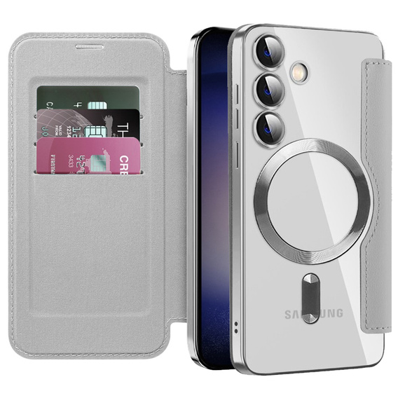 Klopové pouzdro pro Samsung Galaxy S24, RFID Wallet MagSafe CamShield, stříbrné