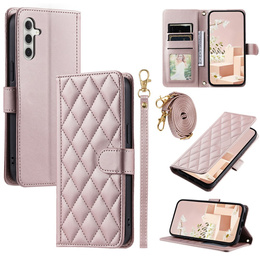 Pouzdro s klopou pro Samsung Galaxy S25 FE, Rhombus Crossbody Leather, růžové rose gold