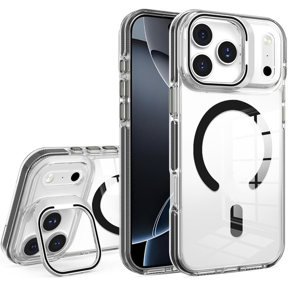 Pouzdro pro iPhone 17 Pro Max, pro MagSafe, se stojánkem, průhledné s černými vložkami