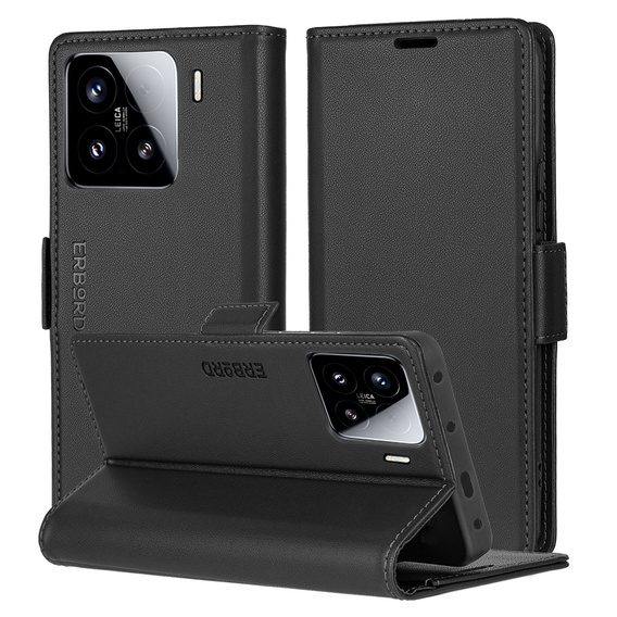 Pouzdro pro Xiaomi 15, ERBORD Glossy Litchi, flipová peněženka, černé