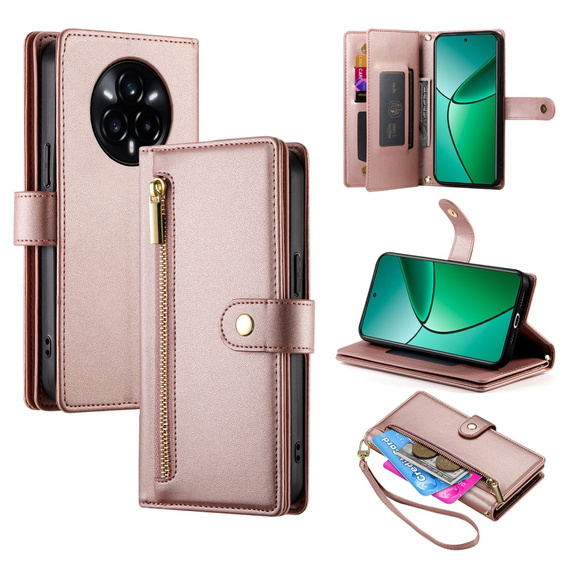 Klopové pouzdro pro Realme 14 Pro 5G, Wallet Zipper Pocket, růžové