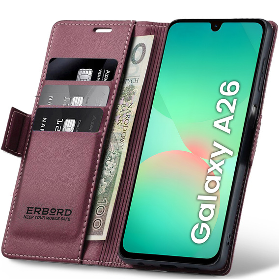 Pouzdro pro Samsung Galaxy A26, ERBORD Glossy Litchi, flipová peněženka, červené