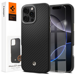 Pouzdro Spigen pro iPhone 16 Pro Max, Enzo Aramid MagSafe, karbonově černá / stříbrná + 9H tvrzené sklo