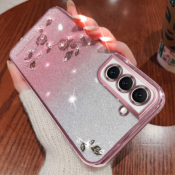 Pouzdro pro Samsung Galaxy S22, Glitter Flower, růžové rose gold