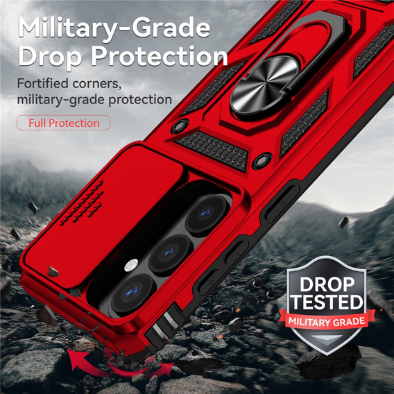 Pevné pouzdro s podstavcem a krytem objektivu pro Samsung Galaxy S26, červené