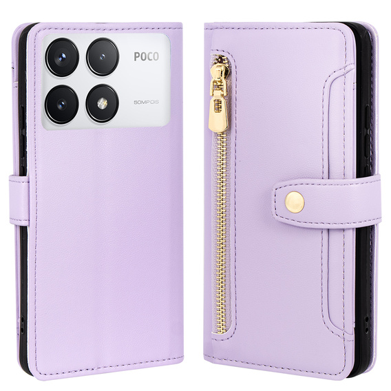 Klopové pouzdro pro Xiaomi Poco F6 Pro, Wallet Zipper Pocket, fialové