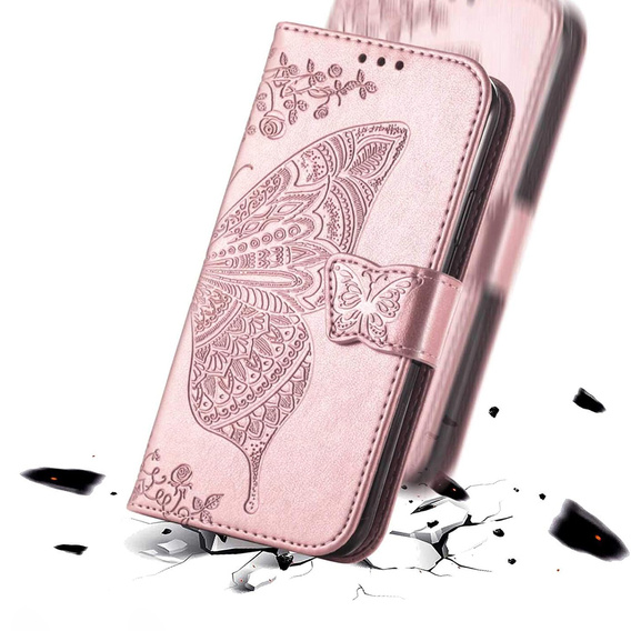 Klopové pouzdro pro Oppo Reno 14F, peněženka, Butterfly, růžové zlato