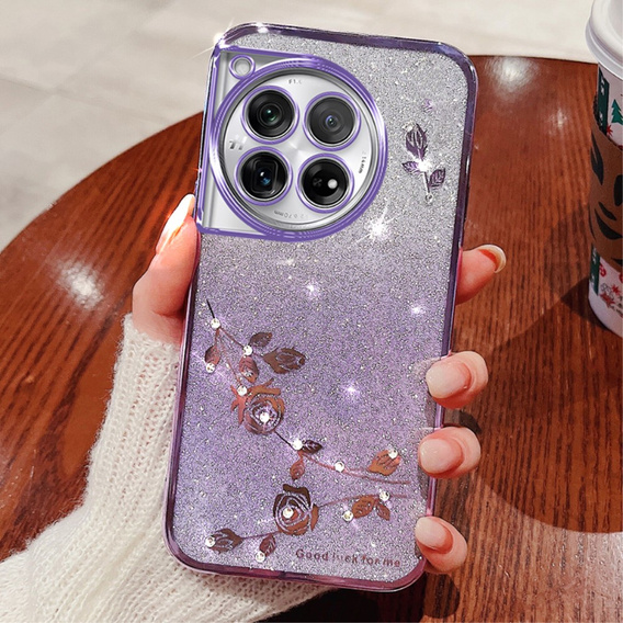 Pouzdro pro OnePlus 12 5G, Glitter Flower, fialové