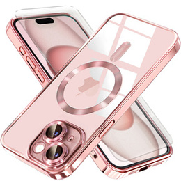 Pouzdro pro iPhone 15, Electro MagSafe, růžové + sklo na displej