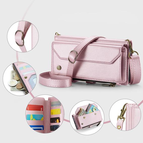 Pouzdro CASEME pro Samsung Galaxy S25 FE, RFID Leather Wallet, s popruhem přes rameno, růžové