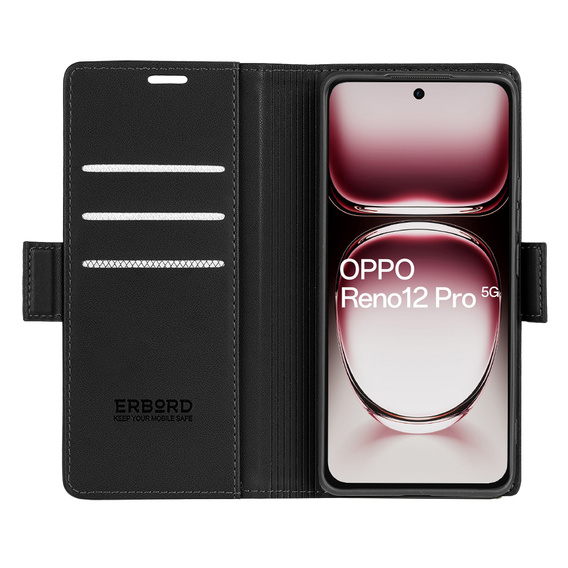 Pouzdro pro Oppo Reno 12 Pro, ERBORD Glossy Litchi, flipová peněženka, černé