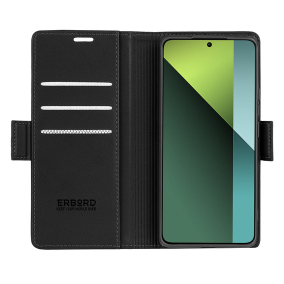 Pouzdro pro Xiaomi Redmi Note 13 Pro 5G, ERBORD Glossy Litchi, flipová peněženka, černé