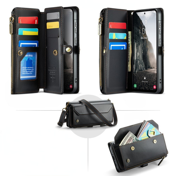 Pouzdro CASEME pro Samsung Galaxy A56 5G, RFID Leather Wallet, s popruhem přes rameno, černé