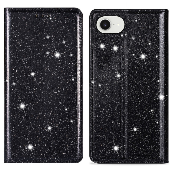 Flipové pouzdro pro iPhone 16E, Card Slot Glittery, černé