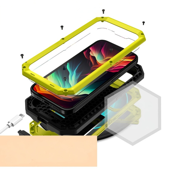 Pouzdro pro iPhone 15 Pro, R-JUST CamShield Slide, pancéřované, žluté / černé