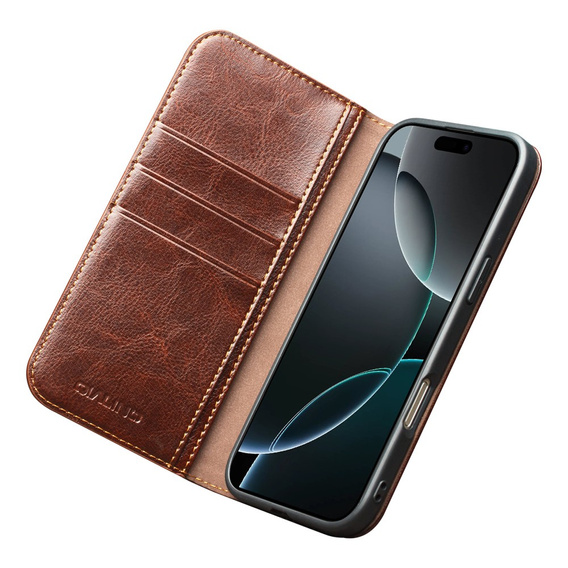 QIALINO Flipové pouzdro z pravé hovězí kůže pro iPhone 17 Pro Max, hnědé