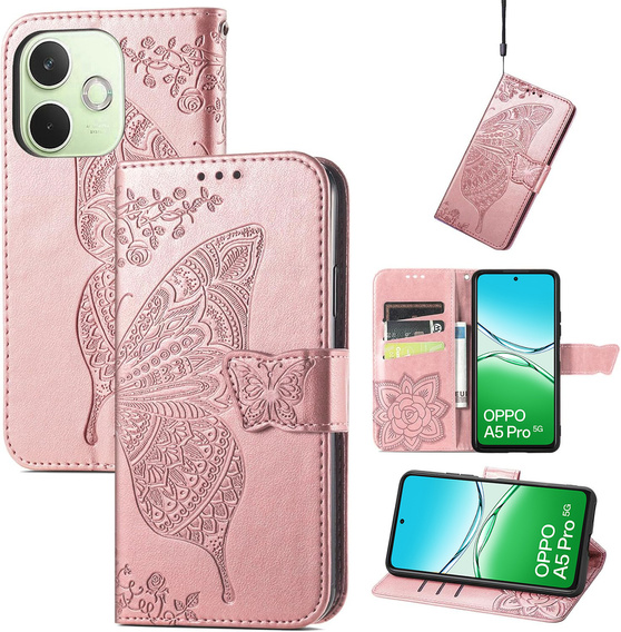 Klopové pouzdro pro Oppo A5 Pro 5G, Butterfly, růžové rose gold