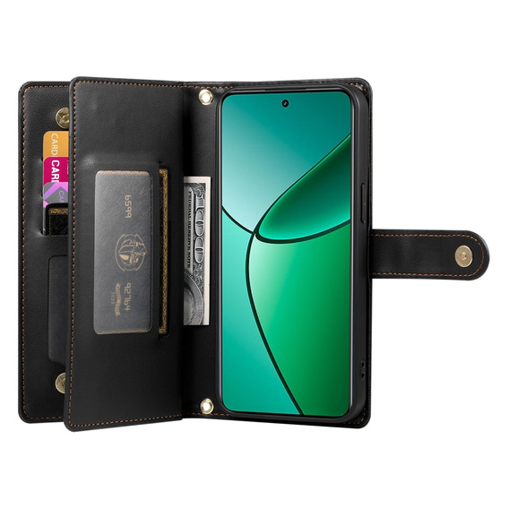 Klopové pouzdro pro Oppo Reno 13F 5G, Wallet Zipper Pocket, černé