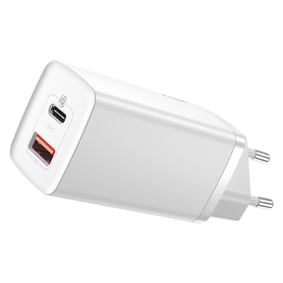 Baseus GaN2 Lite 65 W USB-C + USB-A síťová nabíječka, bílá (EU)