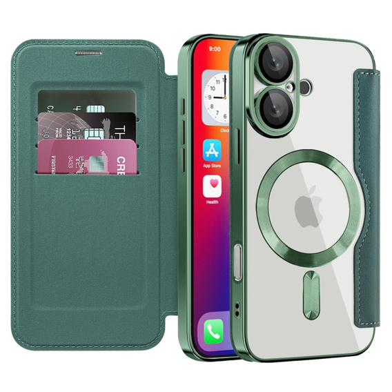 Klopové pouzdro pro iPhone 16, RFID Wallet MagSafe CamShield, zelené