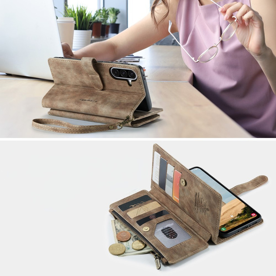 Pouzdro CASEME pro Samsung Galaxy A56 5G, Leather Wallet Cash and Card Slots, s poutkem, hnědé