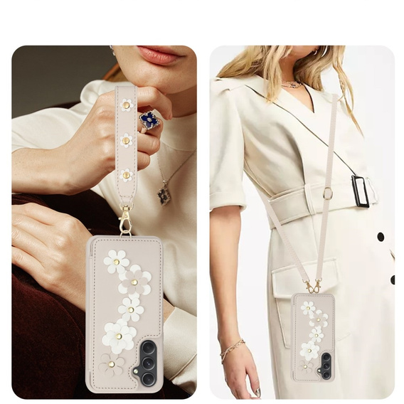 Pouzdro pro Samsung Galaxy A55 5G, Leather Flower Card Slot, béžové