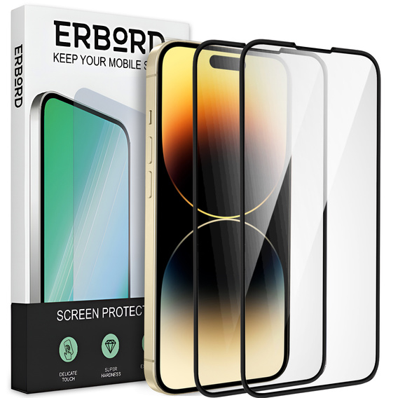 2x tvrzené sklo pro iPhone 14 Pro Max, ERBORD 3D pro celý displej