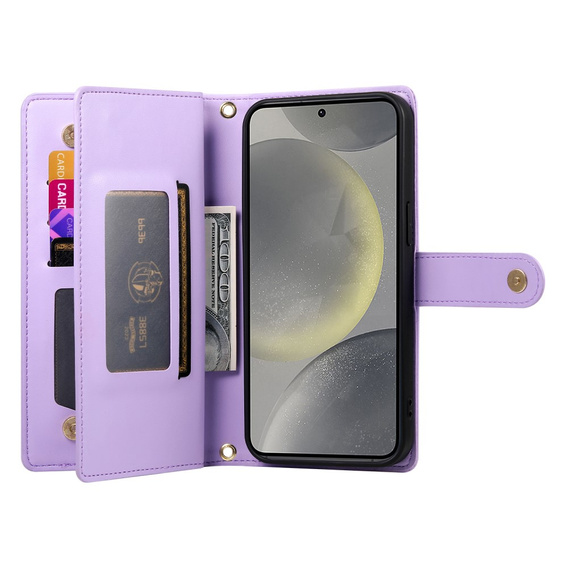 Klopové pouzdro pro Samsung Galaxy S25, Wallet Zipper Pocket, fialové