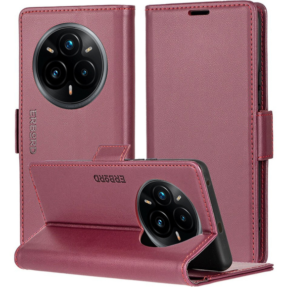 Pouzdro pro Realme 14 Pro+ 5G, ERBORD Glossy Litchi, flipová peněženka, červené