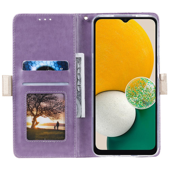 Flipové pouzdro pro Samsung Galaxy A14 4G/5G, Wallet Pocket Zipper Lace, fialové