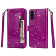 Klopové pouzdro pro Samsung Galaxy A55, Wallet Zipper Pocket Glittery, fialové