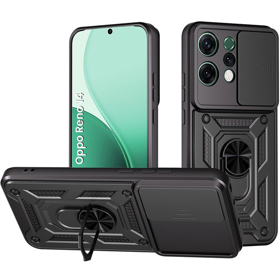 Pancéřové pouzdro pro Oppo Reno 14, s ochranou fotoaparátu, se stojánkem, černé