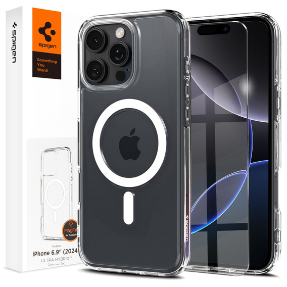Pouzdro MagSafe Spigen pro iPhone 16 Pro Max, Ultra Hybrid, transparentní / bílé + 9H tvrzené sklo