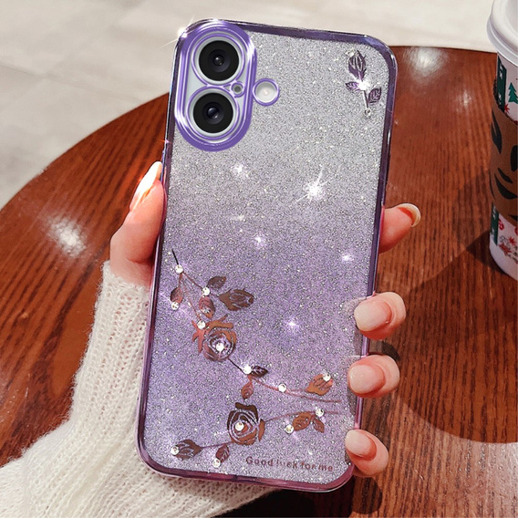 Pouzdro pro iPhone 16, Glitter Flower, fialové