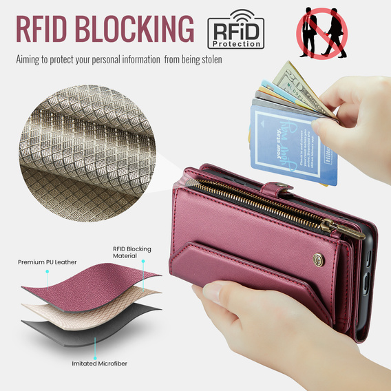 Pouzdro CASEME pro Samsung Galaxy S25 FE, RFID Leather Wallet, s popruhem přes rameno, červené