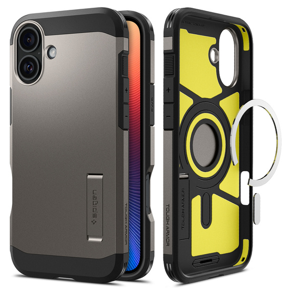 Pouzdro Spigen pro iPhone 16, Tough Armor Mag MagSafe, šedé + 9H tvrzené sklo