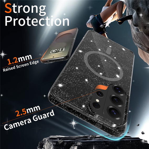 Brokatové pouzdro, pro MagSafe pro Samsung Galaxy S26 Ultra, průhledné / černé