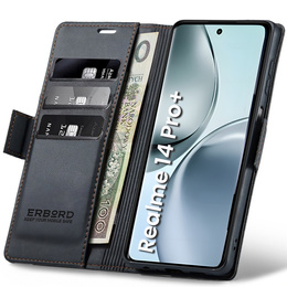 Pouzdro pro Realme 14 Pro+ 5G, ERBORD Glossy Litchi, flipová peněženka, černé