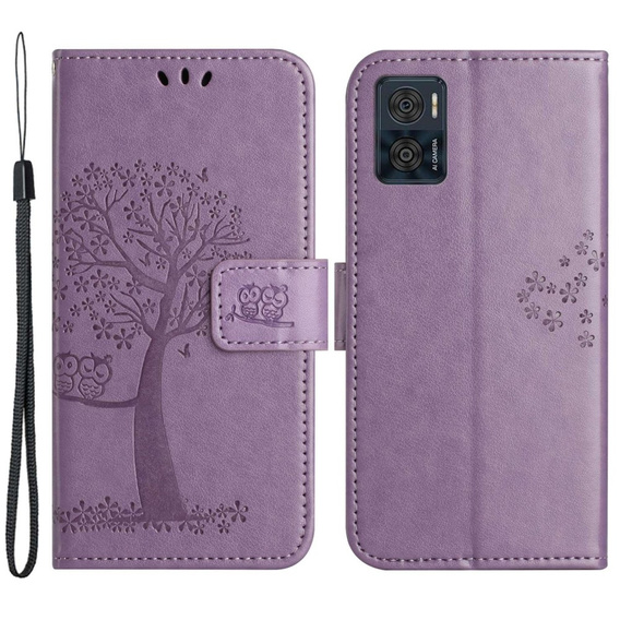Klopové pouzdro pro Motorola Moto E22 / E22i, Wallet, tree i sowy, fialové