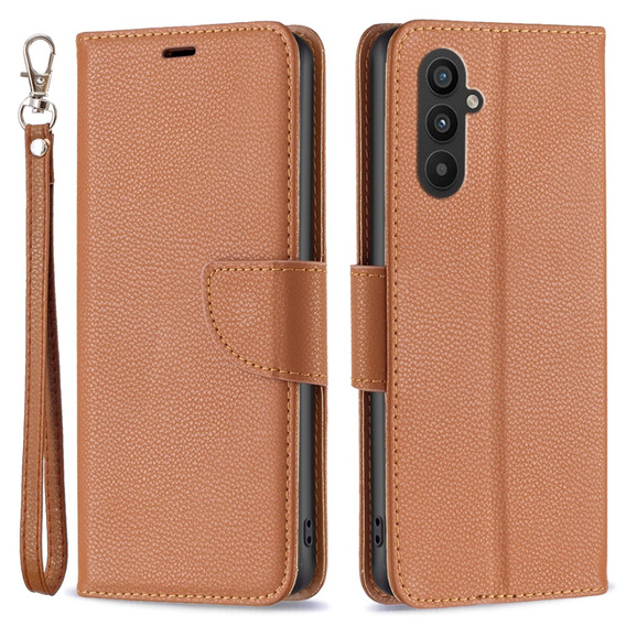 Klopové pouzdro pro Samsung Galaxy A25 5G, Wallet Litchi Leather, hnědé + 9H sklo 