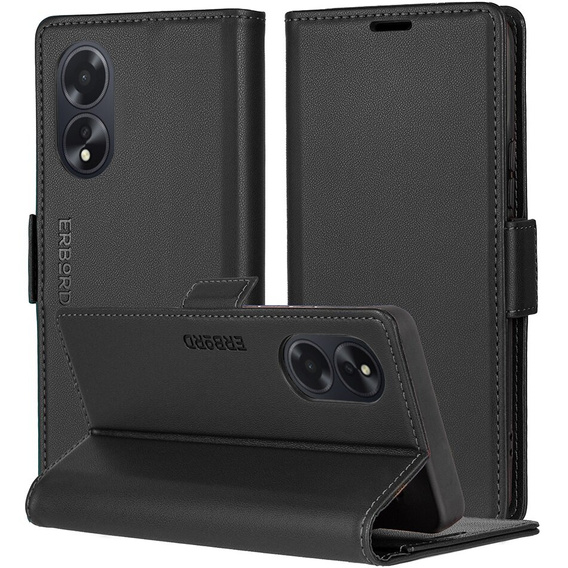 Pouzdro pro Oppo A60, ERBORD Glossy Litchi, flipová peněženka, černé
