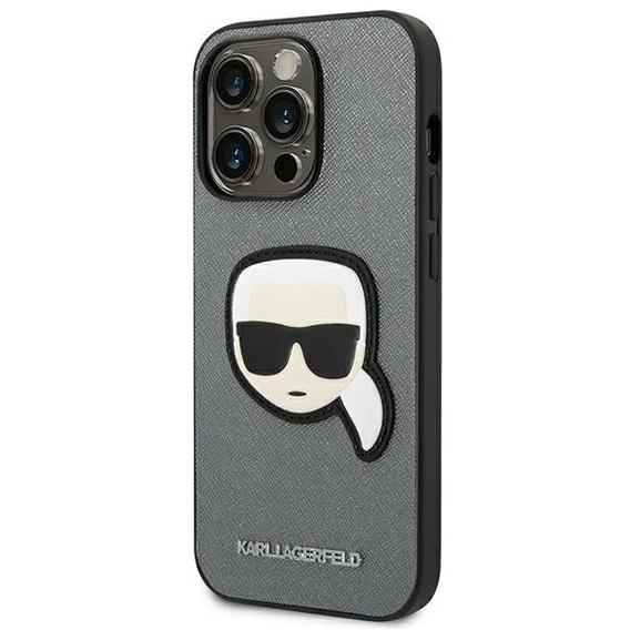 Pouzdro Karl Lagerfeld pro iPhone 14 Pro Max, Saffiano Karl's Head Patch, stříbrné
