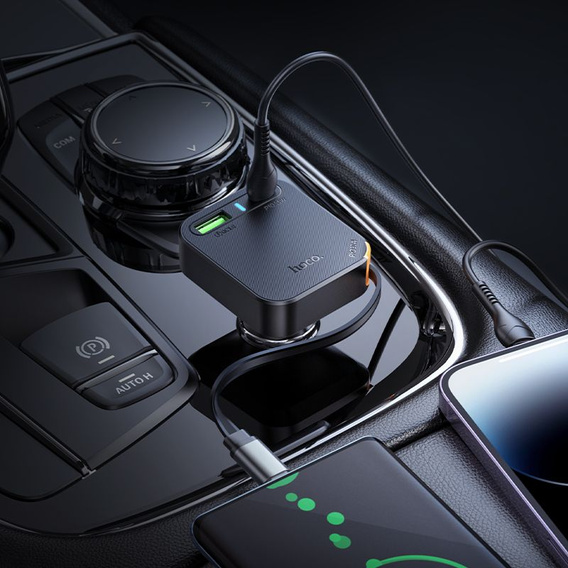 Hoco automobilová nabíječka s trojitým výstupem a navíjecím kabelem USB-C 65 W