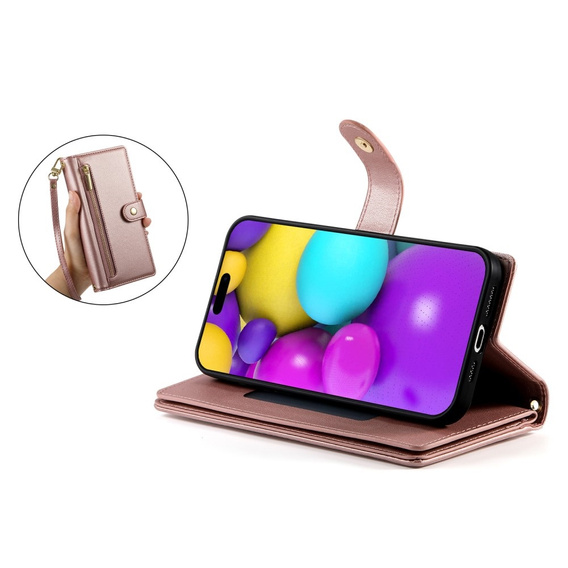 Klopové pouzdro pro iPhone 16 Plus, Wallet Zipper Pocket, růžové